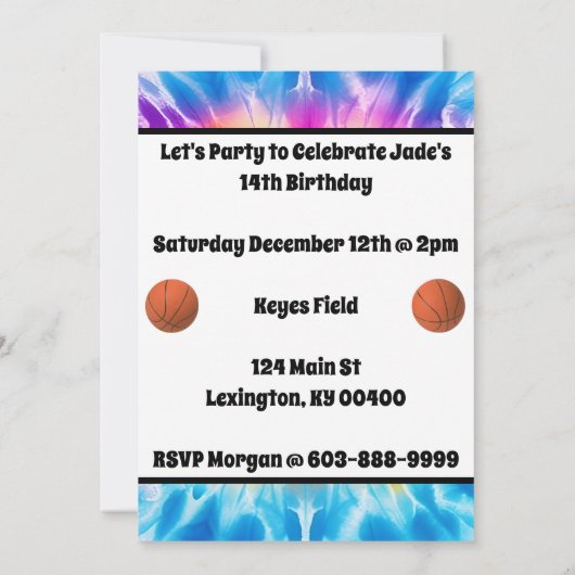 Invitation Basketball fille sur mesure Cravate-Dye Rainbow An (Dos)