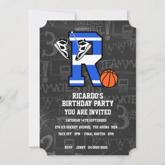 Invitation Basketball personnalisé avec la lettre initiale R (Dos)