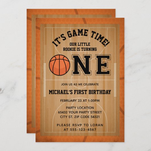 Invitation Basketball Première fête d'anniversaire (Devant / Derrière)