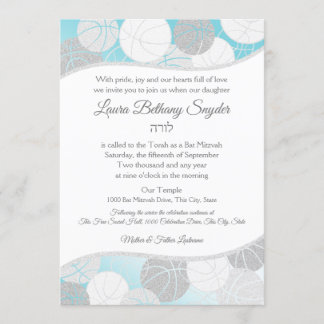 Invitation Basketball Sports Bat mitzvah Bleu et Argent