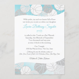Invitation Basketball Sports Bat mitzvah Bleu et Argent