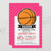 Invitation Basketball sur rayures roses, rayé (Devant / Derrière)