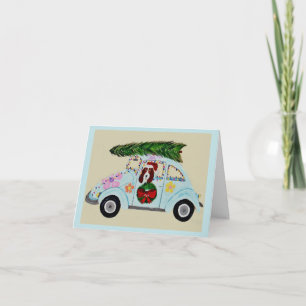Invitation Basset Hound de Noël dans une voiture hippie 