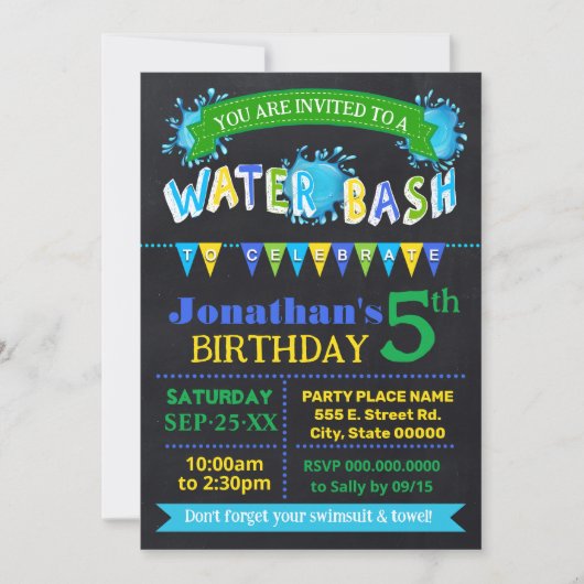 Invitation Bassin d'eau fête d'anniversaire Bleu Green Chalkb (Devant)