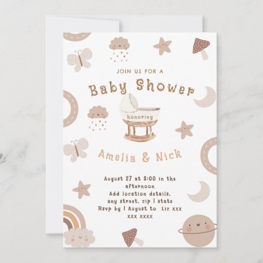 Invitation Bassinet Boho minimal Baby shower neutre entre les (Devant)