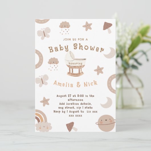 Invitation Bassinet Boho minimal Baby shower neutre entre les (Debout devant)