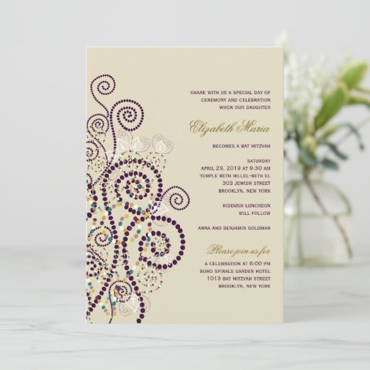 Invitation Bat Boho Purple Spirals Bat / Bar Mitvah Invitatio (Debout devant)