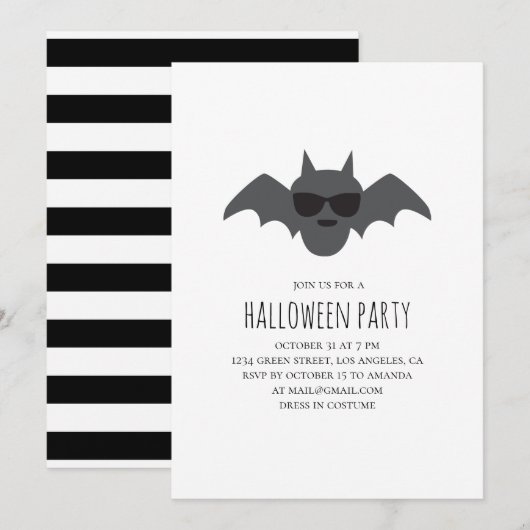 Invitation Bat. Costume d'Halloween noir et blanc (Devant / Derrière)
