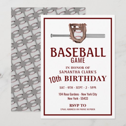 Invitation Bat De Baseball Argent, Jeu De Baseball Anniversai (Devant / Derrière)