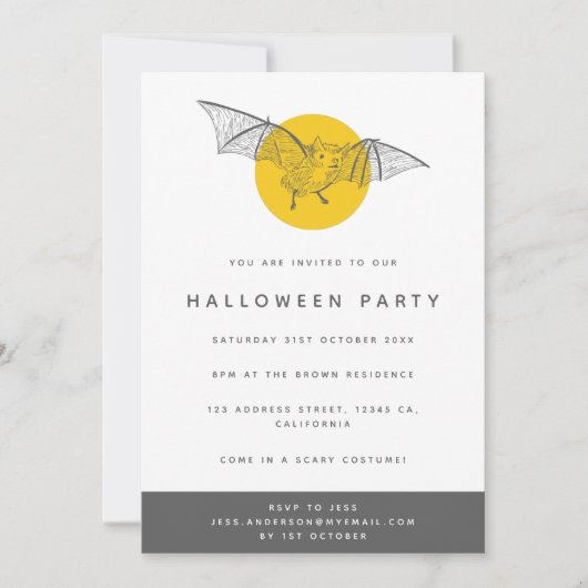 Invitation Bat Halloween | Mignonne Lune Jaune Fun Moderne (Devant)
