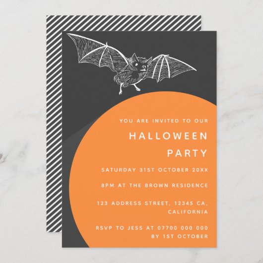Invitation Bat Halloween | Moderne Black Orange élégant (Devant / Derrière)