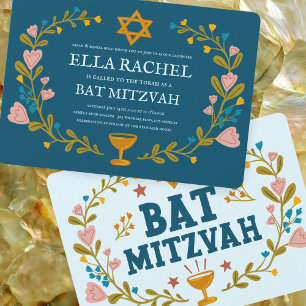 Invitation Bat mitzvah à couronne florale sur mesure dessiné