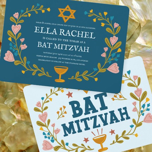 Invitation Bat mitzvah à couronne florale sur mesure dessiné 