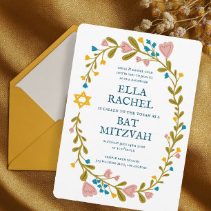 Invitation Bat mitzvah à couronne florale sur mesure dessiné 