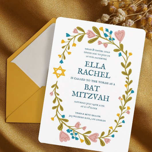 Invitation Bat mitzvah à couronne florale sur mesure dessiné