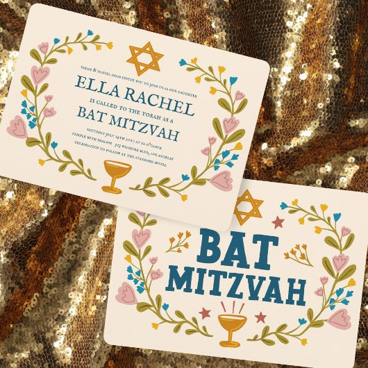 Invitation Bat mitzvah à couronne florale sur mesure dessiné