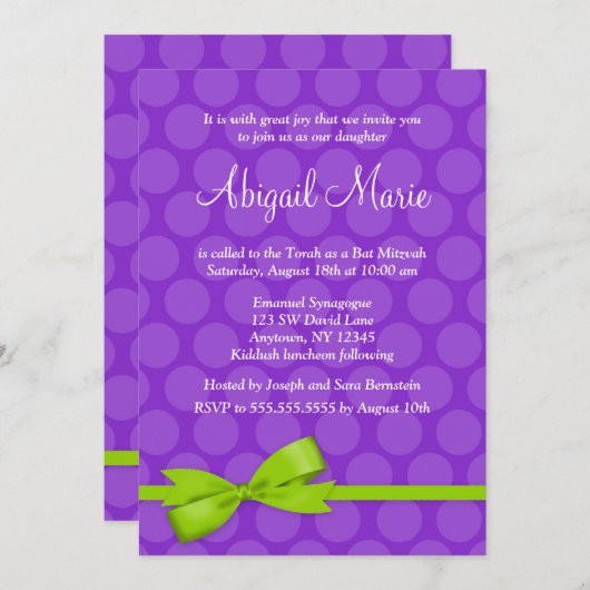 Invitation Bat mitzvah à mâchoire vert violet à point imprimé (Devant / Derrière)