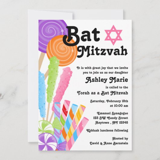 Invitation Bat mitzvah à thème Candy (Devant)