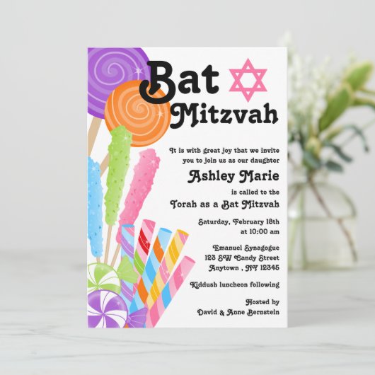 Invitation Bat mitzvah à thème Candy (Debout devant)