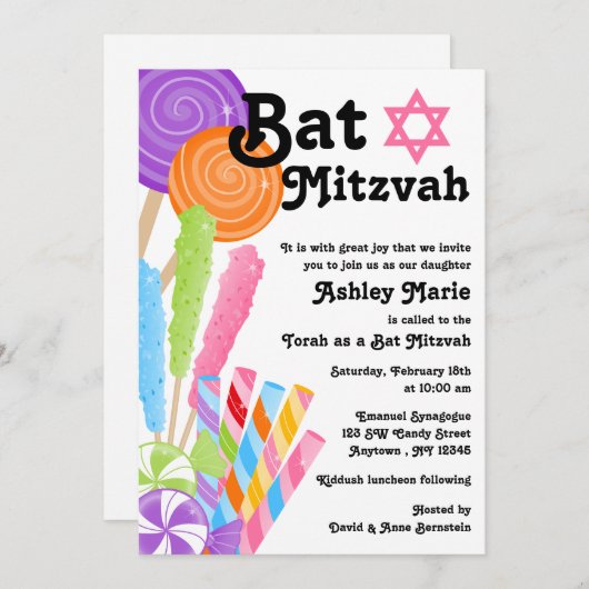 Invitation Bat mitzvah à thème Candy (Devant / Derrière)