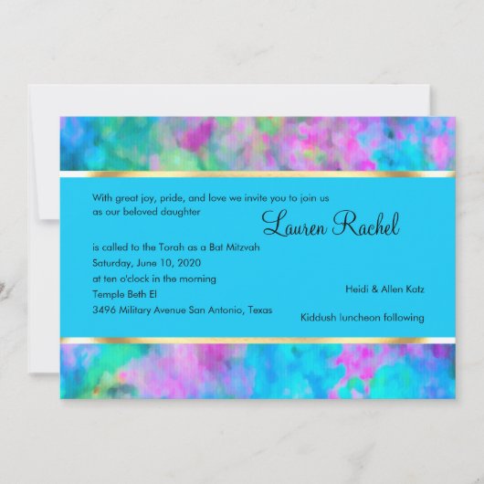 Invitation Bat mitzvah Abstrait Turquoise bleu rose Aqua (Devant)