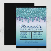 Invitation Bat mitzvah Aqua Blue Sparkle Drippy (Devant / Derrière)
