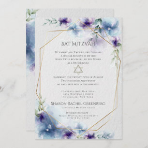 Invitation BAT MITZVAH Aquarelle bleu et violet Floral