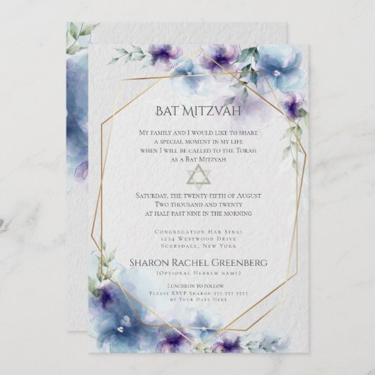 Invitation BAT MITZVAH | Aquarelle bleu et violet Floral (Devant / Derrière)