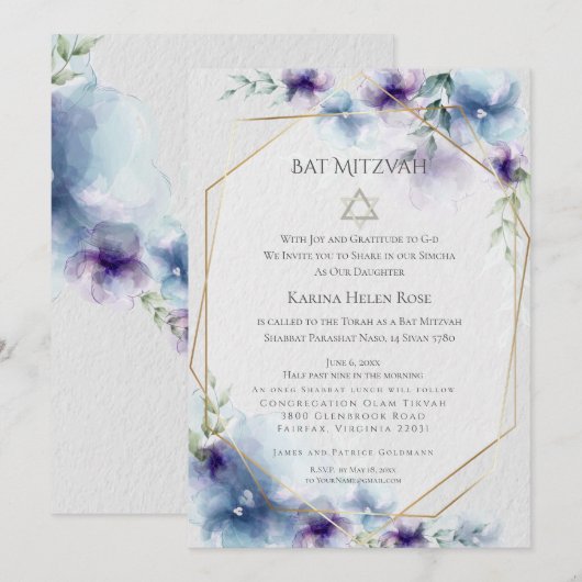Invitation BAT MITZVAH | Aquarelle bleu et violet Floral 2 (Devant / Derrière)