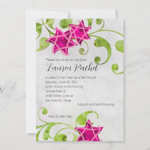 Invitation Bat mitzvah Aquarelle étoile Floral Design rose