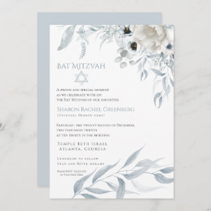 Invitation Bat mitzvah Aquarelle moderne bleu-duché Floral