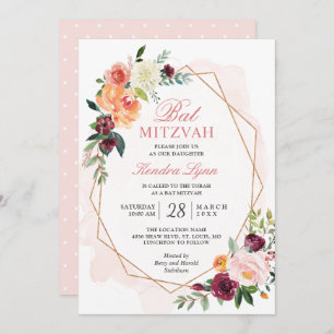 Invitation Bat mitzvah   Aquarelle moderne Gold Frame Floral