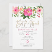 Invitation Bat mitzvah Aquarelle rose Floral Gold Script (Devant)