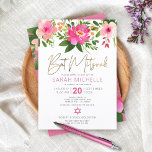 Invitation Bat mitzvah Aquarelle rose Floral Gold Script<br><div class="desc">Soyez fier, réjouissez-vous et présentez ce jalon de votre Bat mitzvah préféré avec cette invitation sophistiquée et personnalisée ! Une aquarelle florale chic, étonnante, rose et pêche, avec typographie de scénario de feuille d'or faux, et rose moderne poussiéreux et gris sans serif type superposent un arrière - plan blanc. D'autres...</div>