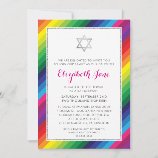 Invitation BAT MITZVAH arc-en-ciel bande motif argent parties (Devant)