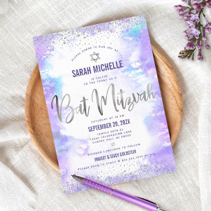 Invitation Bat Mitzvah argent moderne pailleté violet aquarel