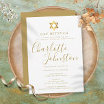 Invitation Bat mitzvah, Bar Mitzvah Modern Gold Script<br><div class="desc">Doté d'un nom de signature de script doré. Personnalisez avec vos informations spéciales Bat ou Bar Mitzvah en lettres d'or chic sur ce design élégant. Conçu par Thisisnotme©</div>