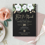 Invitation Bat mitzvah Black Gold Floral Aquarelle Script<br><div class="desc">Soyez fier, réjouissez-vous et présentez ce jalon de votre Bat mitzvah préféré avec cette invitation sophistiquée et personnalisée ! Une aquarelle florale chic, étonnante, blanche et dorée parties scintillant avec typographie de script de feuille d'or et type de san serif blanc chevauche un arrière - plan noir spectaculaire. D'autres fleurs...</div>
