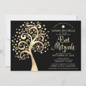 Invitation Bat mitzvah Black Gold Foil Arbre de vie Script (Devant)