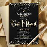 Invitation Bat mitzvah Black Gold Foil Parties scintillant Sc<br><div class="desc">Soyez fier, réjouissez-vous et présentez cette étape importante de votre Bat mitzvah préféré ! Envoyez cette invitation de nom hébreu étonnante, moderne, sophistiquée, personnalisée pour un événement à retenir. Scénario de calligraphie de film d'or imitation graphique, Star of David, et confetti, superposent un riche, dramatique, arrière - plan noir. Une...</div>