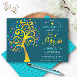 Invitation Bat Mitzvah Bleu Canard Chic Or Feuille Arbre de V