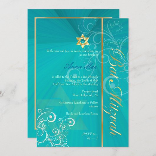 Invitation Bat mitzvah/bleu d'aqua/or (Devant / Derrière)