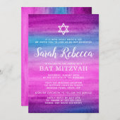 Invitation Bat mitzvah bleu et pourpre d'aquarelle (Devant / Derrière)
