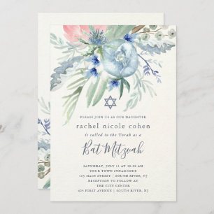 Invitation Bat mitzvah bleu et rose de pivoine