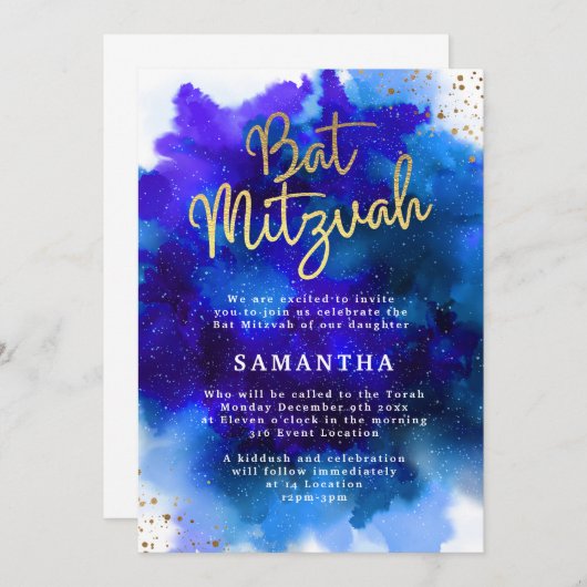 Invitation Bat mitzvah bleu et violet (Devant / Derrière)