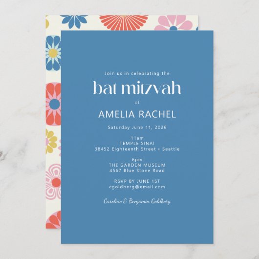 Invitation Bat mitzvah bleu fleur Boho scandinave (Devant / Derrière)