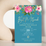 Invitation Bat mitzvah Bleu Gold Script Floral Aquarelle<br><div class="desc">Soyez fier, réjouissez-vous et présentez ce jalon de votre Bat mitzvah préféré avec cette invitation sophistiquée et personnalisée ! Une aquarelle florale chic, étonnante, rose et pêche, avec typographie de scénario de feuille d'or faux et type moderne blanc sans serif superposent un arrière - plan bleu turquoise turquoise poussiéreux. Personnalisez...</div>