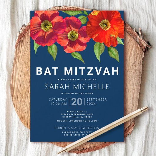 Invitation Bat mitzvah bleu marine Aquarelle rouge Floral Mod