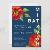 Invitation Bat mitzvah bleu marine Rouge Floral Aquarelle mod (Devant)