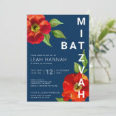 Invitation Bat mitzvah bleu marine Rouge Floral Aquarelle mod (Debout devant)